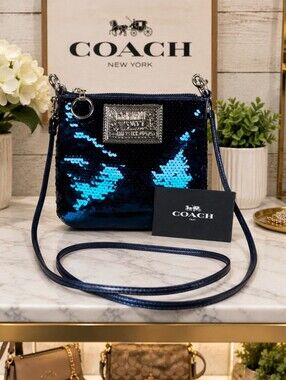 Coach Vintage Poppy Sequins Metallic Blue Sequin‎ Crossbody Bag